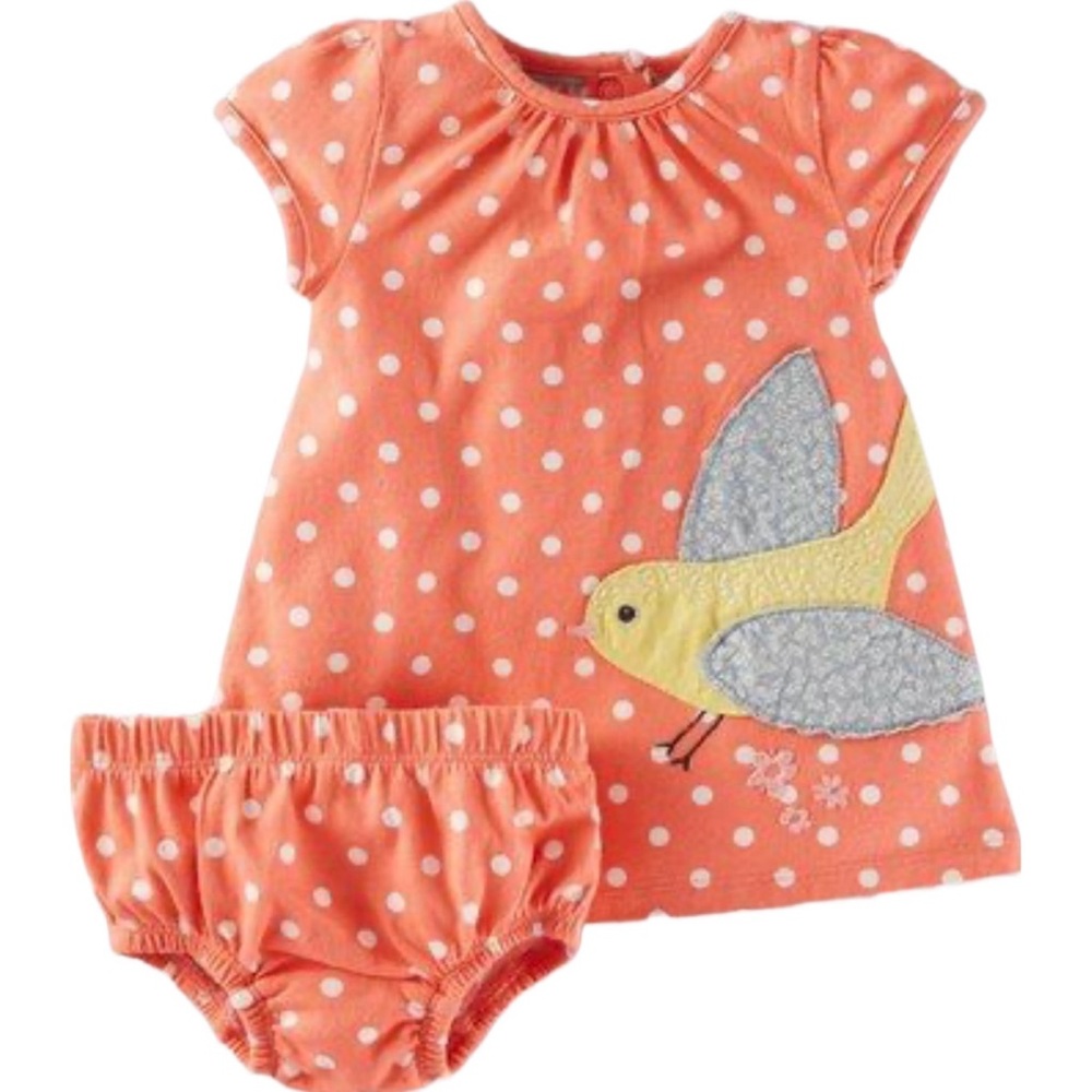 Baby Boden Polka Dot Bird Appliqué Dress bloomer set size 3-6 months